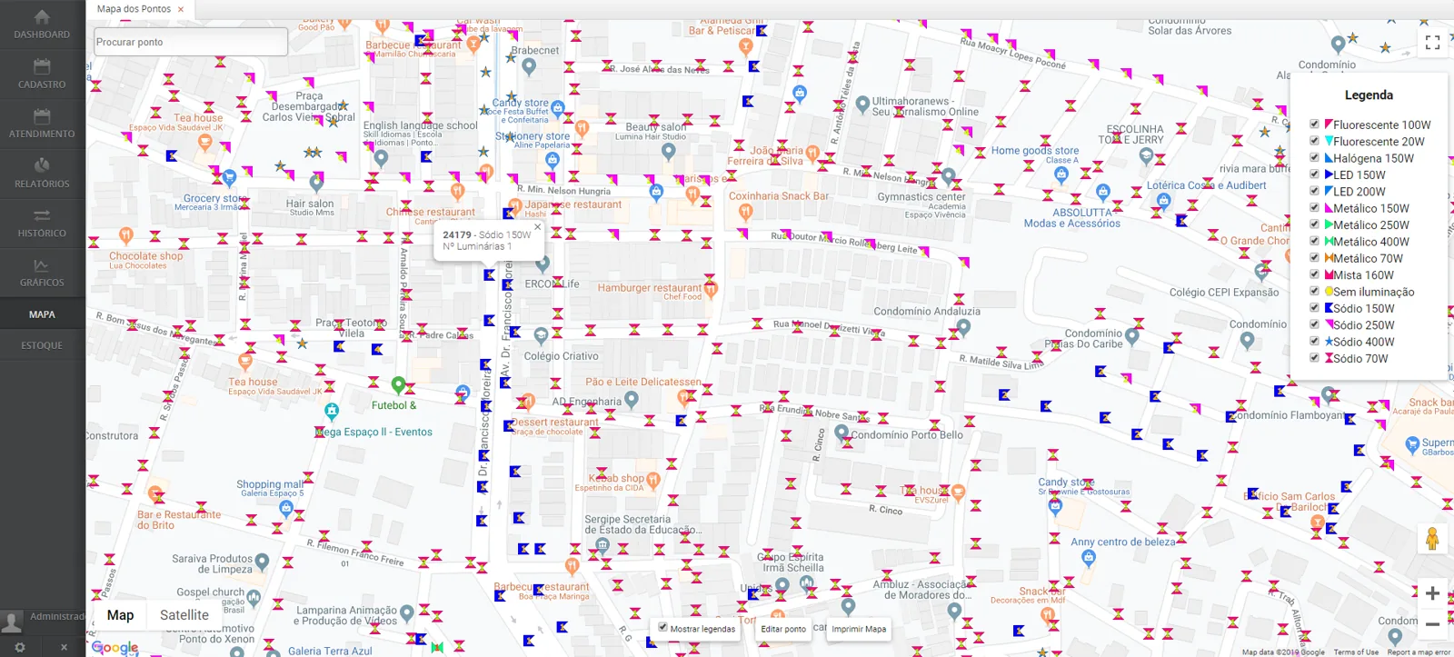 Exemplo do mapa de pontos luminosos do Geolux