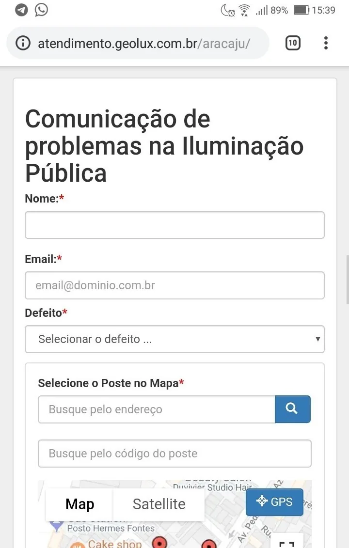 Imagem simplificada do site de autoatendimento do Geolux em Aracaju